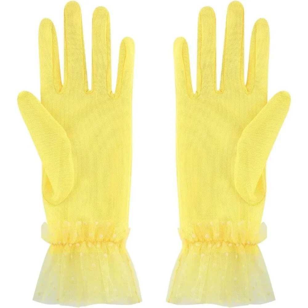 Women's Short Lace Yellow Tulle Sheer Mesh Tea Party Prom Gloves Banquet Costume